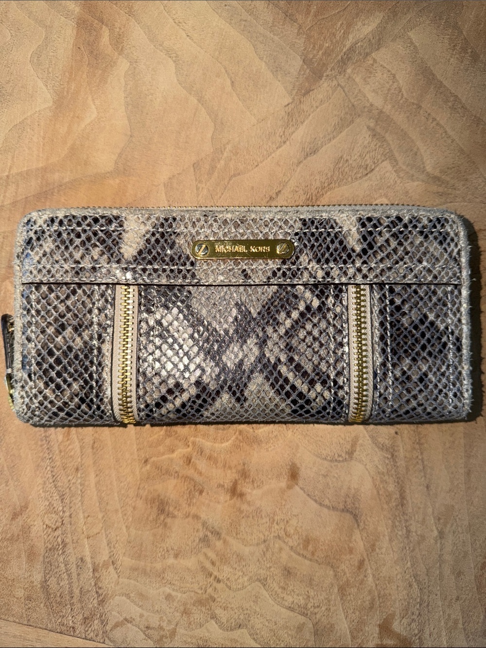 Michael Kors Moxley Continental Zip Clutch Wallet dark Sand Python Leather